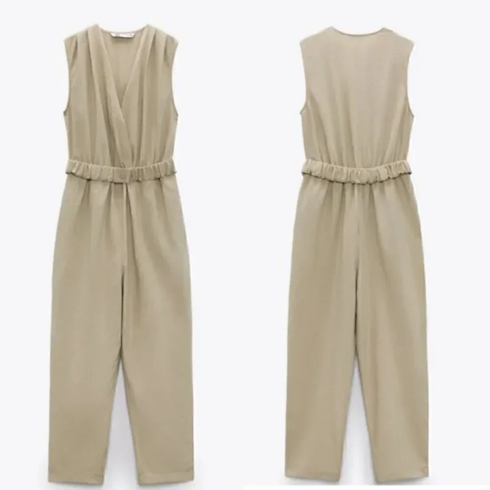 New Zara Textured Linen Blend V-Neck Sleeveless Belted Tan Jumpsuit NWT Small